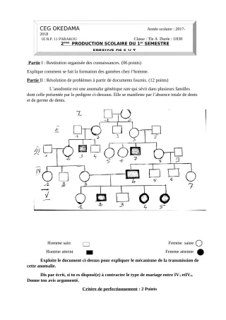 Première page de SVT Tle A1, Tle A2 — 2e production scolaire, 1er semestre (2018-2019) · CEG OKEDAMA