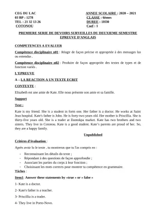 Première page de Anglais 6e — 1er devoir surveillé, 2e semestre (2020-2021) · CEG du Lac