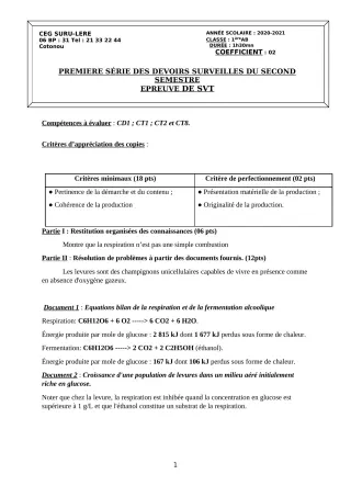 Première page de SVT 1ère A1, 1ère A2, 1ère B, 1ère C — 1er devoir surveillé, 2e semestre (2020-2021) · CEG SURU-LERE