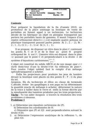 Première page de Mathématiques Tle C — 1er devoir surveillé, 1er semestre (2018-2019) · CEG2 ABOMEY - CALAVI (CEG ZOCA)