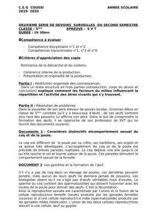 Première page de SVT 5e — 2e devoir surveillé, 2e semestre (2019-2020) · CEG COUSSI