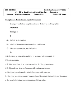 Première page de Histoire-Géographie 5e — 1er devoir surveillé (2020-2021) · CEG SEKERE