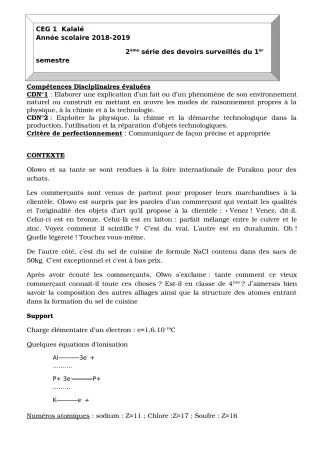 Première page de PCT 4e — 2e devoir surveillé, 1er semestre (2018-2019) · CEG1 Kalalé
