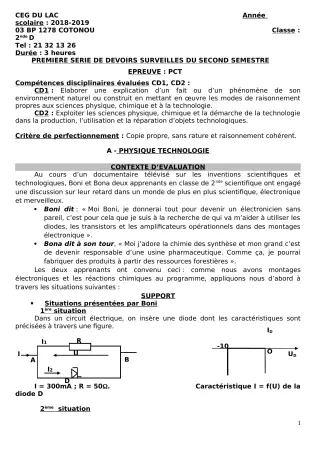 Première page de PCT 2nde D — 1er devoir surveillé, 2e semestre (2018-2019) · CEG du Lac