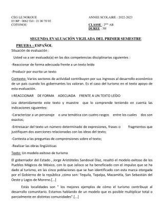 Première page de Espagnol 2nde A1, 2nde A2, 2nde B — 2022-2023 · CEG LE NOKOUE