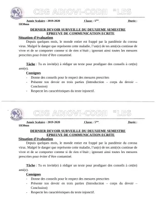 Première page de Français 5e — Devoir surveillé, 2e semestre (2019-2020) · CEG ADJOVICODJI 'LES OLIVIERS'