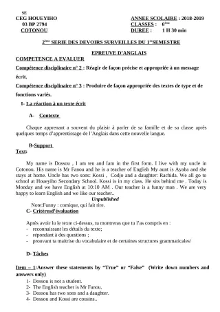 Première page de Anglais 6e, 5e, 4e ML&MC, 3e, 3e ML, 2nde A & B, 2nde C, 2nde D, 1ère A, 1ère B, 1ère C, 1ère D, Tle A1, Tle A2, Tle B, Tle C, Tle D — 2e devoir surveillé (2018-2019) · CEG HOUEYIHO