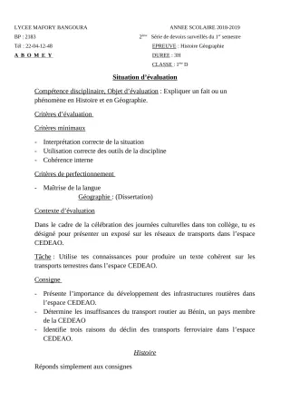 Première page de Histoire-Géographie 1ère D — 2e devoir surveillé, 1er semestre (2018-2019) · Lycée Houegbadja d'Abomey (Ex Mafory Bangoura)