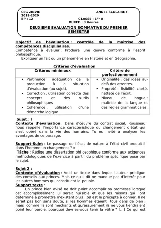 Première page de Philosophie 1ère A — 2e évaluation sommative, 1er semestre (2019-2020) · CEG Zinvié