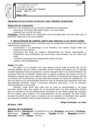 Première page de Espagnol 2nde A1, 2nde A2, 2nde B — 1er devoir surveillé, 1er semestre (2019-2020) · CEG 1 Akpakpa-Centre