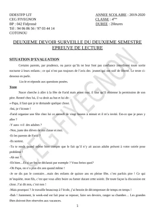 Première page de Français 4e, 4e ML — 2e devoir surveillé, 2e semestre (2019-2020) · CEG FIYEGNON