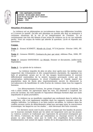 Première page de Français Tle A1, Tle A2, Tle B, Tle C, Tle D — 2e devoir surveillé, 2e semestre (2019-2020) · CEG 1 Akpakpa-Centre