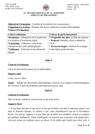 Première page de Philosophie 1ère A2 — 1er devoir surveillé, 1er semestre (2023-2024) · CEG Yagbe