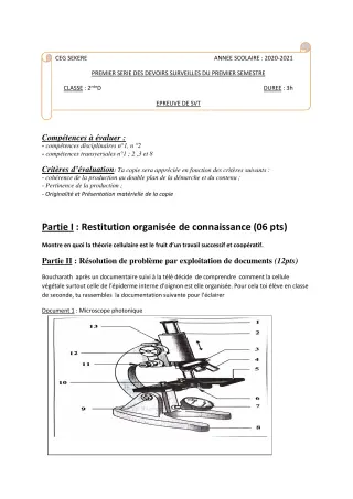 Première page de SVT 2nde D — 1er devoir surveillé, 1er semestre (2020-2021) · CEG SEKERE