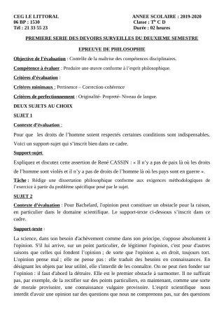 Première page de Philosophie Tle C, Tle D — 1er devoir surveillé, 2e semestre (2019-2020) · CEG Le Littoral