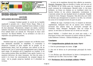 Première page de Français 6e — 1re évaluation sommative, 2e semestre (2019-2020) · CEG GBESSOU