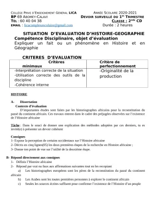 Première page de Histoire-Géographie 4e, 4e ML, 2nde C, 2nde D — 1er devoir surveillé, 1er trimestre (2020-2021) · CPEG LICA
