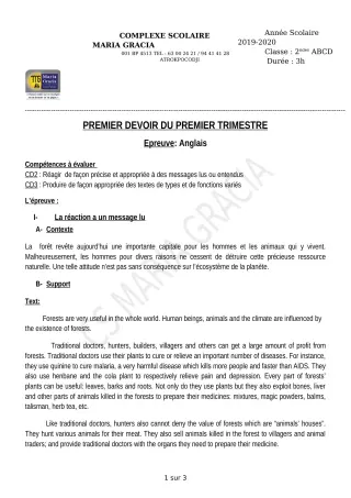 Première page de Anglais 2nde A — 1er devoir surveillé, 1er trimestre (2019-2020) · CPEG MARIA GRACIA