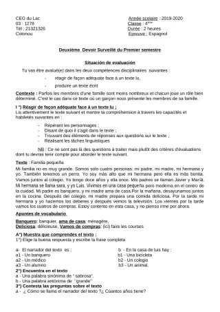 Première page de Espagnol 4e ML — 2e devoir surveillé, 1er semestre (2019-2020) · CEG du Lac