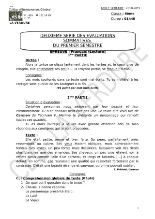 Première page de Français 6e, 5e, 4e, 4e ML, 3e, 3e ML, 2nde A & B, 2nde C, 2nde D, 1ère A & B, 1ère A2, 1ère B, 1ère C, 1ère D, Tle A & B, Tle A2, Tle B, Tle C, Tle D — 2e évaluation sommative, 1er semestre (2018-201
