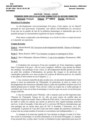 Première page de Français 2nde A1, 2nde B, 2nde C, 2nde D — 1re évaluation sommative, 2e semestre (2020-2021) · CEG Dantokpa