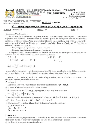 Première page de Mathématiques 1ère D — Production scolaire, 1er semestre (2023-2024) · CEG1 Ikpinlè