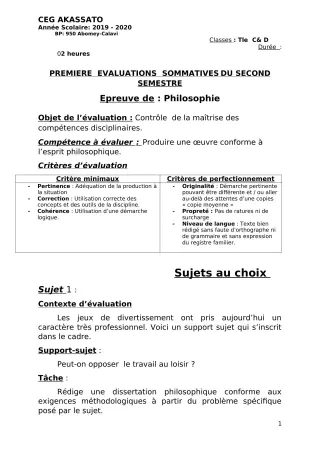 Première page de Philosophie Tle C, Tle D — 1re évaluation sommative, 2e semestre (2019-2020) · CEG Akassato