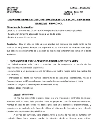 Première page de Espagnol 1ère A1, 1ère A2, 1ère B — 2e devoir surveillé, 2e semestre (2018-2019) · CEG PAHOU