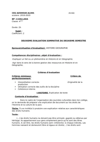 Première page de Histoire-Géographie 4e ML&MC — 2e évaluation sommative, 2e semestre (2019-2020) · CEG AZOHOUE-ALIHO