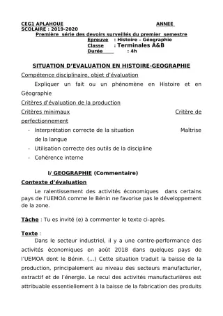 Première page de Histoire-Géographie 6e, 5e, 4e, 4e ML, 4e ML&MC, 3e, 3e ML, 2nde A, 2nde A1, 2nde A2, 2nde B, 2nde C, 2nde D, 1ère A, 1ère A1, 1ère A2, 1ère C, 1ère D, Tle A1, Tle A2, Tle C, Tle D — 1er devoir survei