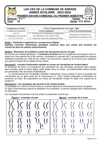 Première page de SVT Tle A2 — 1er devoir surveillé, 1er semestre (2023-2024) · CEG SEKERE