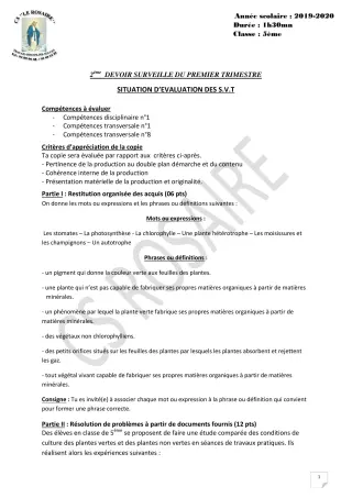 Première page de SVT 5e — 2e devoir surveillé, 1er trimestre (2019-2020) · CPEG ROSAIRE