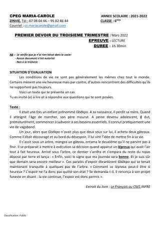 Première page de Français 6e — 1er devoir surveillé, 3e trimestre (2021-2022) · CPEG MARIA-CAROLE