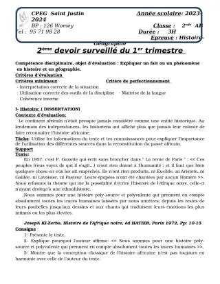 Première page de Histoire-Géographie 6e, 2nde A2, 2nde B, 2nde C, 2nde D — 2e devoir surveillé, 1er trimestre (2023-2024) · CPEG SAINT Justin