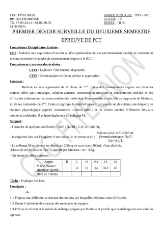Première page de PCT 5e — 1er devoir surveillé, 2e semestre (2019-2020) · CEG FIYEGNON