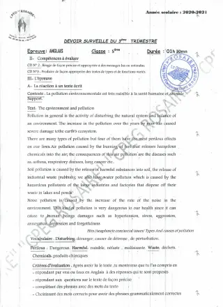 Première page de Anglais 5e — 1er devoir surveillé (2020-2021) · CPEG ROSAIRE
