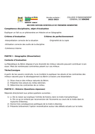 Première page de Histoire-Géographie 4e — 2e devoir surveillé, 1er semestre (2022-2023) · CEG SEKERE