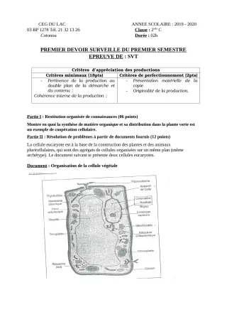 Première page de SVT 2nde C — 1er devoir surveillé, 1er semestre (2019-2020) · CEG du Lac