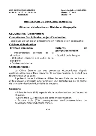 Première page de Histoire-Géographie Tle A1, Tle A2, Tle B — Devoir surveillé, 2e semestre (2019-2020) · CEG Kouhounou-Vêdoko