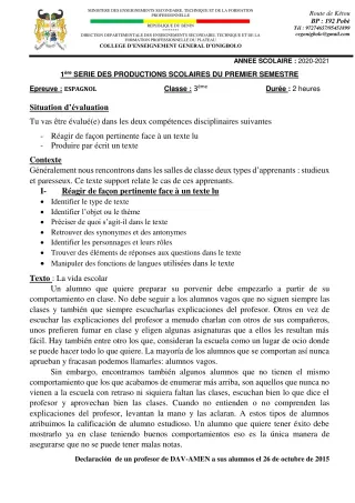 Première page de Espagnol 3e ML — 1re production scolaire, 1er semestre (2020-2021) · CEG ONIGBOLO