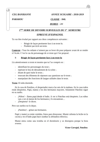 Première page de Espagnol 3e ML — 1er devoir surveillé, 1er semestre (2018-2019) · CEG Banikanni