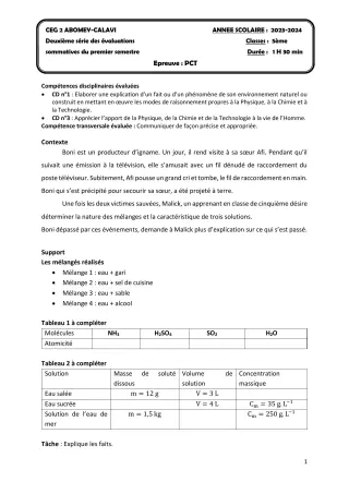 Première page de PCT 5e — 2e évaluation sommative, 1er semestre (2023-2024) · CEG2 ABOMEY - CALAVI (CEG ZOCA)