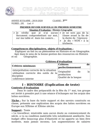 Première page de Histoire-Géographie 3e ML — 1er devoir surveillé, 1er semestre (2019-2020) · CEG ADJOVICODJI 'LES OLIVIERS'