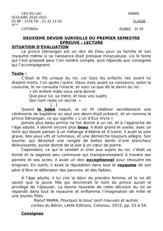 Première page de Français 5e — 2e devoir surveillé, 1er semestre (2020-2021) · CEG du Lac