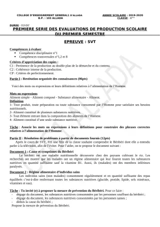Première page de SVT 6e, 5e, 4e ML&MC, 3e, 3e ML — Production scolaire, 1er semestre (2019-2020) · CEG1 Allada