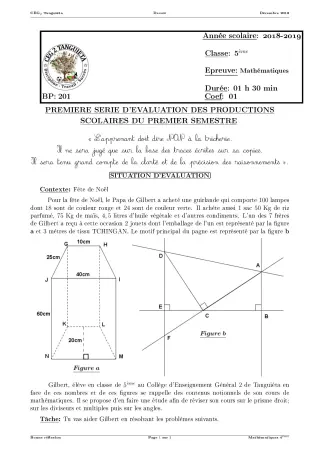 Première page de Mathématiques 5e — Production scolaire, 1er semestre (2018-2019) · CEG2 TANGUIETA