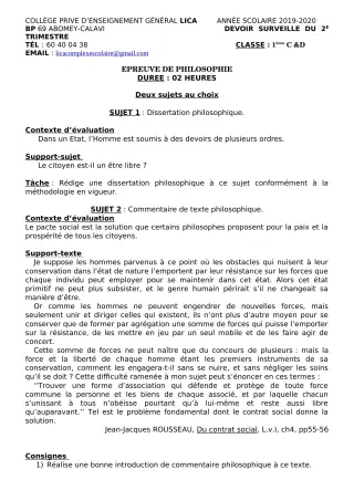 Première page de Philosophie 1ère C, 1ère D — Devoir surveillé, 1er trimestre (2019-2020) · CPEG LICA