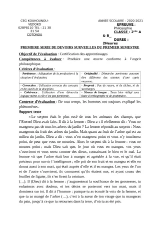 Première page de Philosophie 2nde A1, 2nde A2, 2nde B — 1er devoir surveillé, 1er semestre (2020-2021) · CEG Kouhounou-Vêdoko