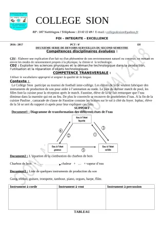 Première page de PCT 6e — 2e devoir surveillé, 2e semestre (2019-2020) · CEG PRIVE SION DES AD