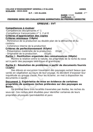 Première page de SVT Tle C — 1re évaluation sommative, 1er semestre (2019-2020) · CEG1 Allada